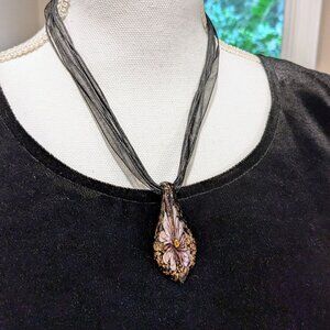 Murano Style Millefiori Glass Floral Pendant Necklace Black Ribbon Cord